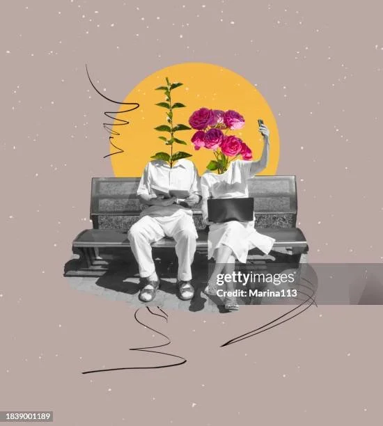 Two people sitting on a park bench with head and face replaced by plants and flowers, against a background of a yellow sun and pinkish-gray sky.