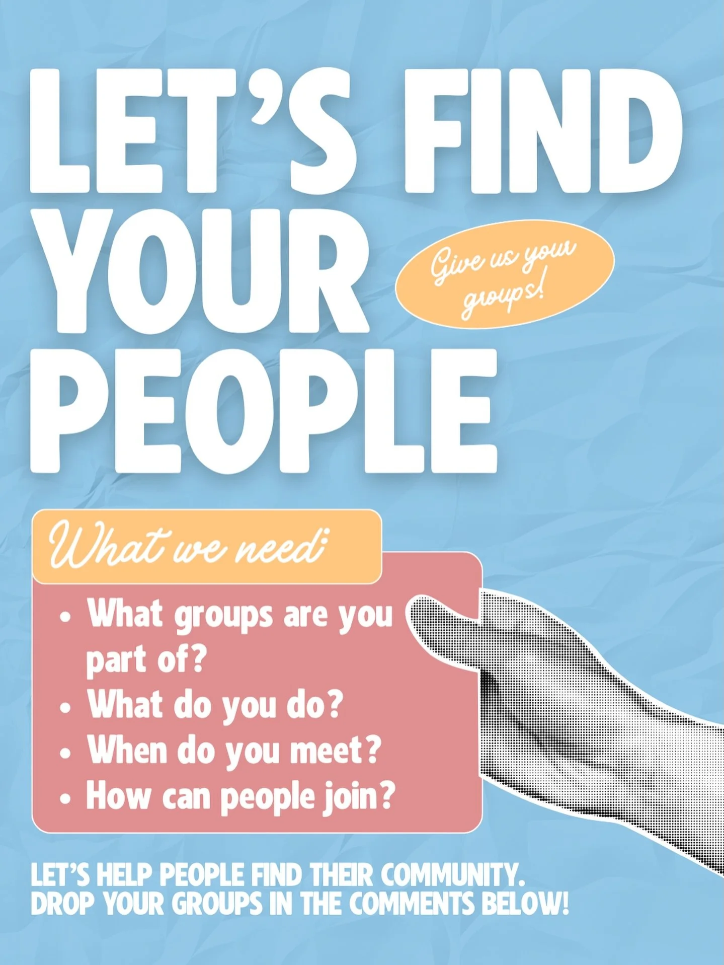 Tell us about it 👇

Charleston is full of people bringing others together and we want to help more people find those communities.

Book clubs. Run clubs. Church groups. Volunteer groups. Mom groups. Game nights. Sports leagues.

If you&rsquo;re part