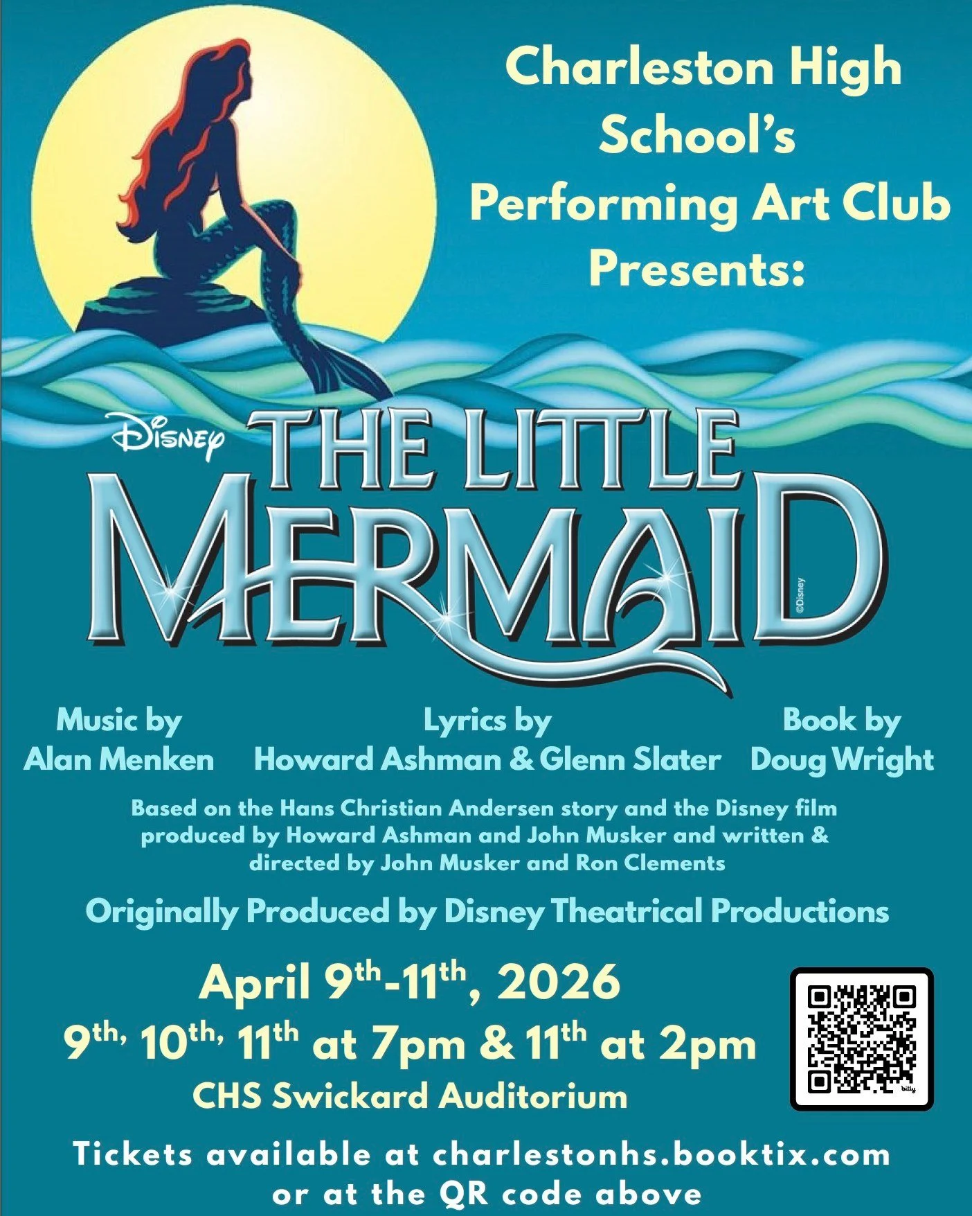 Have you bought your tickets yet? 👀

Let's support our CHS students by selling out The Little Mermaid this weekend! Buy your tickets today at

https://charlestonhs.booktix.com/?fbclid=IwY2xjawRAoSpleHRuA2FlbQIxMABicmlkETFWS0JRNGFONmhCTzBuWEQ4c3J0YwZ