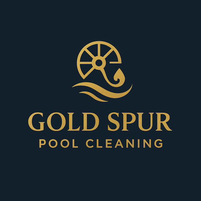 Gold Spur Pool Cleaning logo with a stylized water wheel, water waves, and a pool skimmer in gold on a dark background.