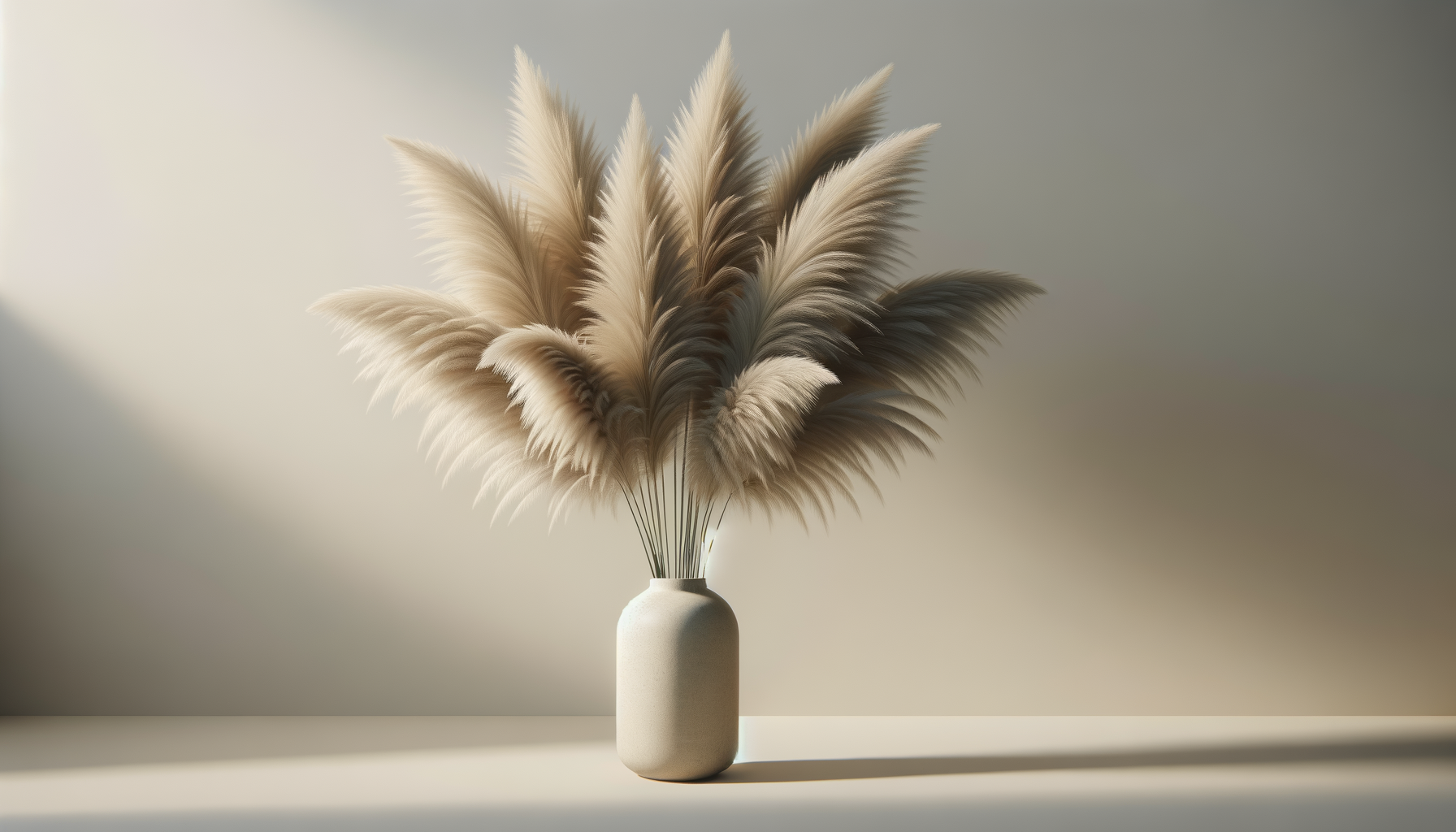 A white ceramic vase contains a bouquet of beige pampas grass with soft, fluffy plumes, arranged in a minimalist style on a light-colored surface.