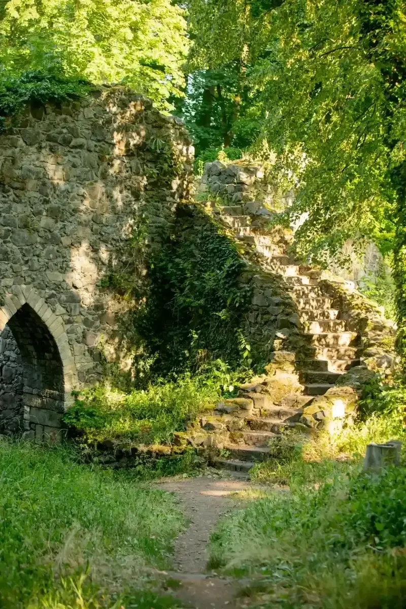 Stone wall with archway and steps in a grassy setting