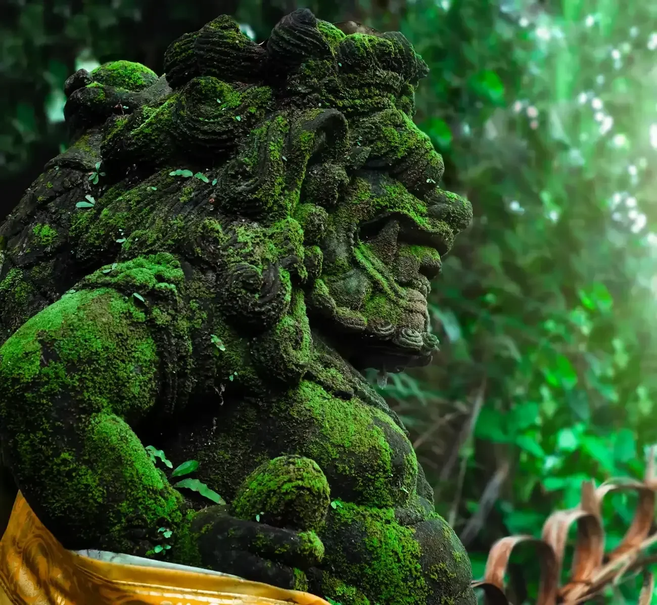 Statue of an ancient figure covered in moss