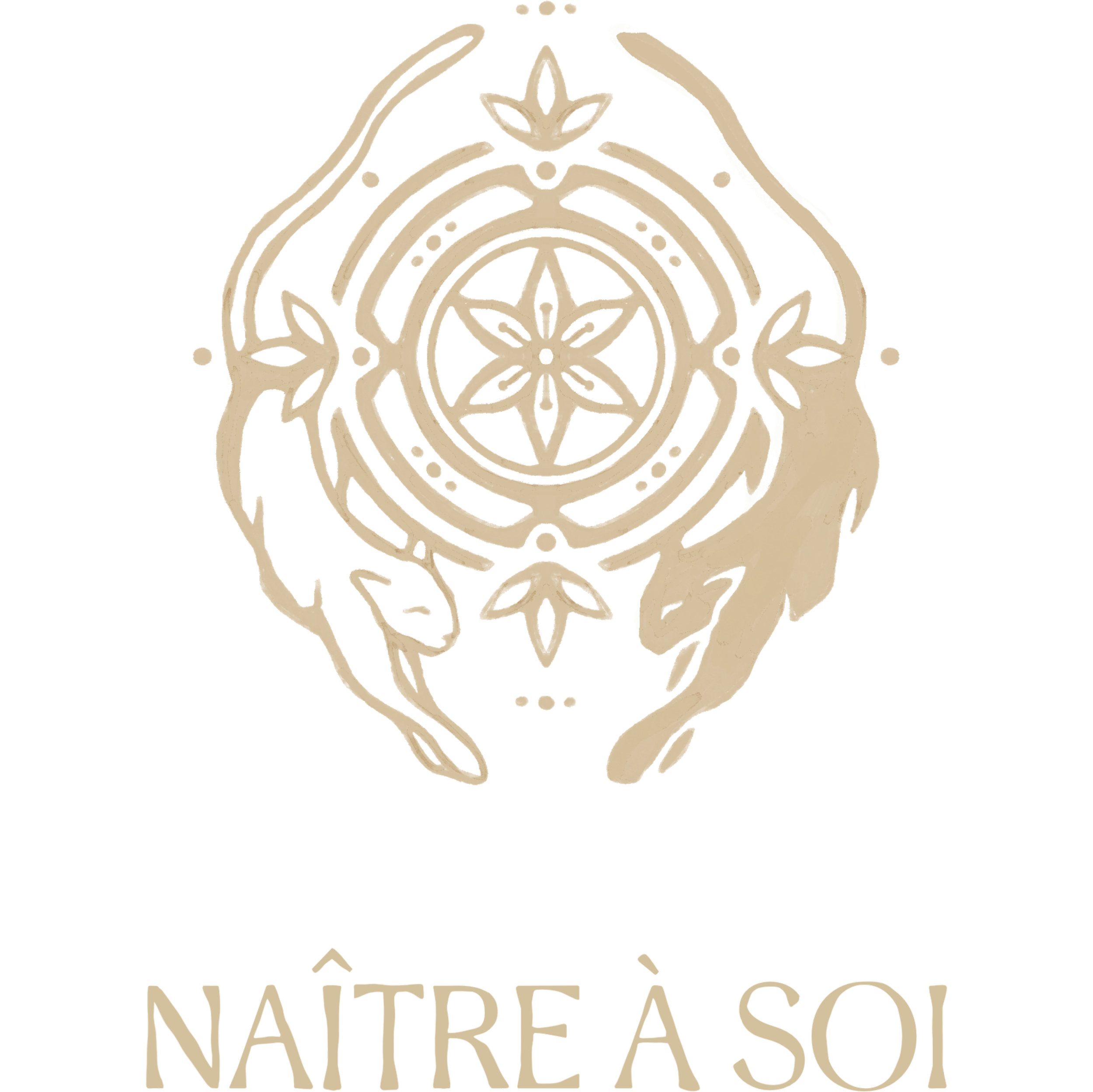 Une illustration de mains entourant un motif floral avec des motifs géométriques complexes, accompagné du texte "NAÎTRE À SOI" en dessous.