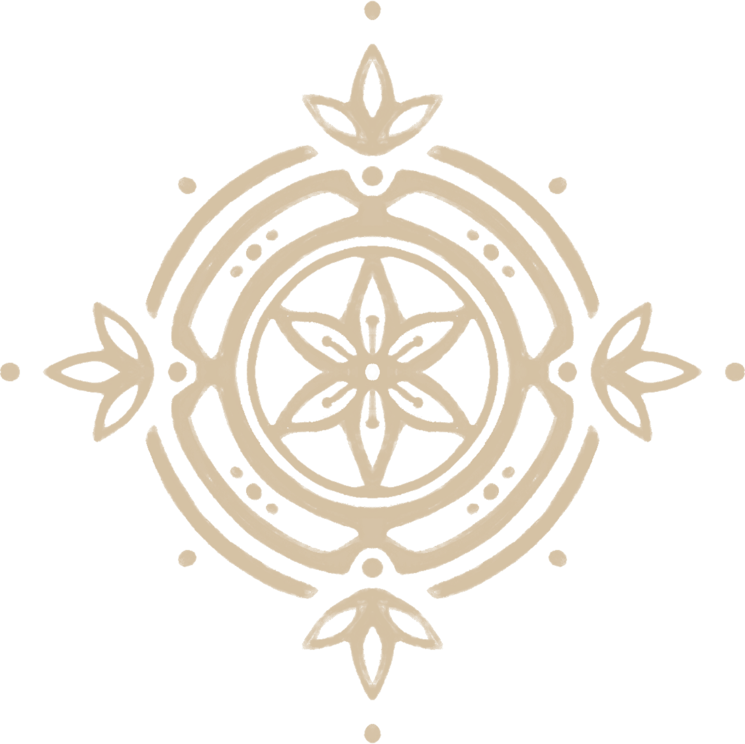 Design or ornament avec un motif floral stylisé, entouré de motifs circulaires et de feuilles, en couleur beige clair.