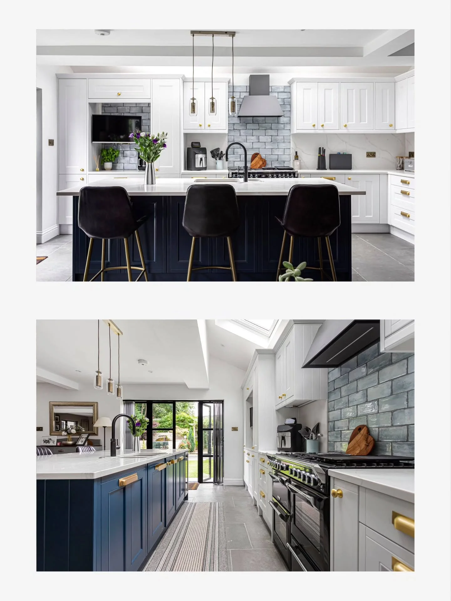Capturing the heart of this stunning home &ndash; a kitchen designed for both culinary adventures and stylish entertaining! Love the contrast of the sleek navy island against the bright white cabinetry and those gorgeous gold accents. Who wouldn't wa