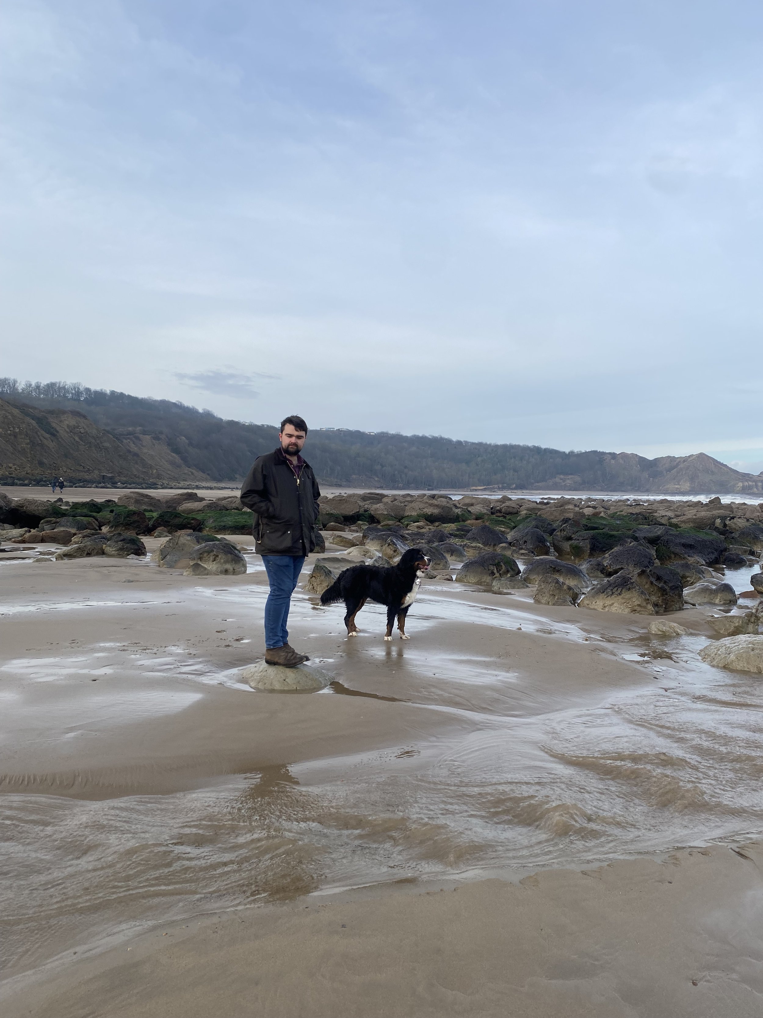 A man and a dog standing on a sandy beach with rocks, with ocean and hills in the background, overcast sky.