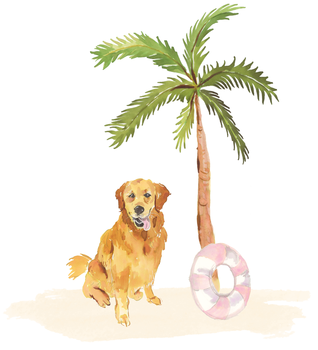 Illustration of a dog near a palm tree and a pink and white lifebuoy on sand