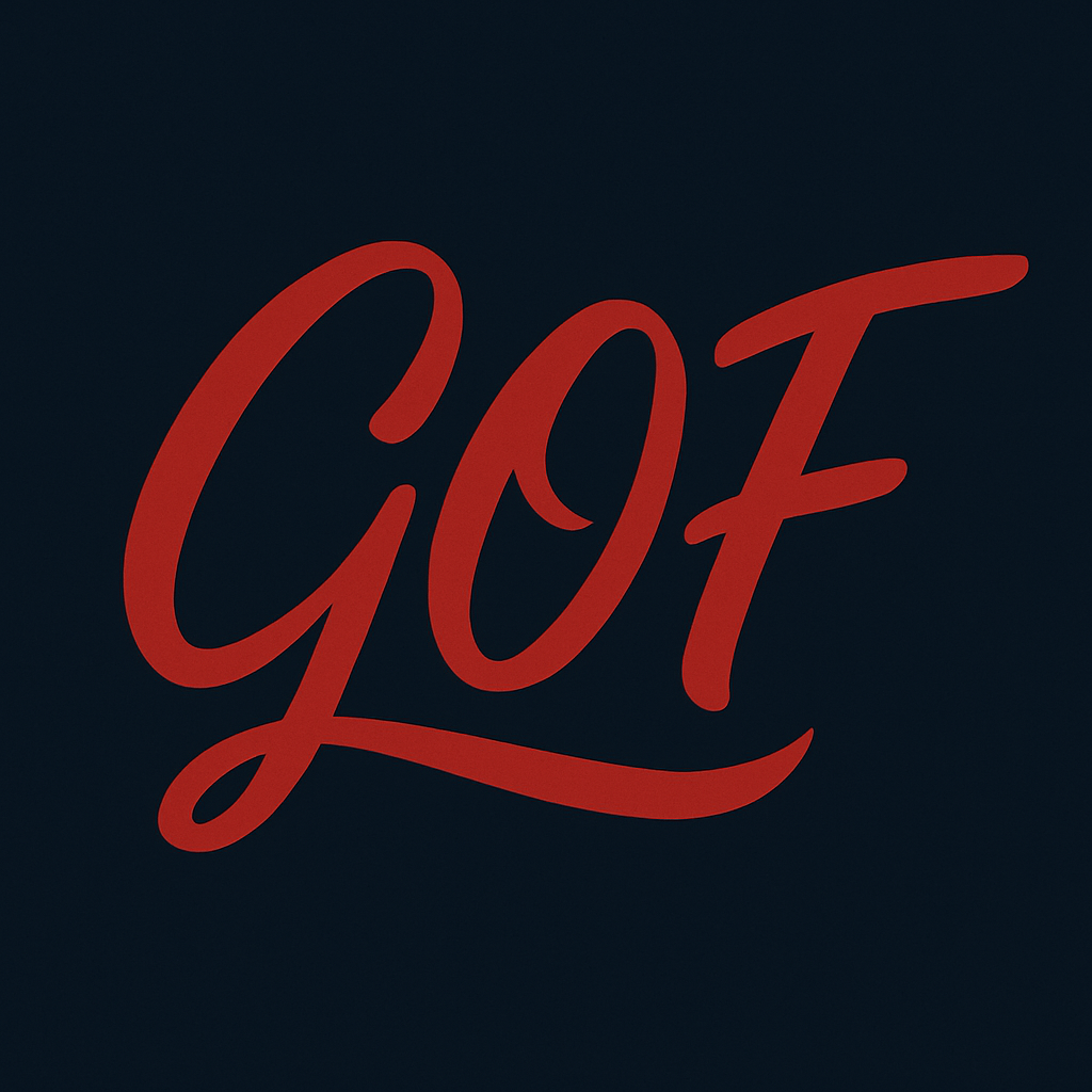 Red cursive letter logo that reads 'GOF' on a dark background.