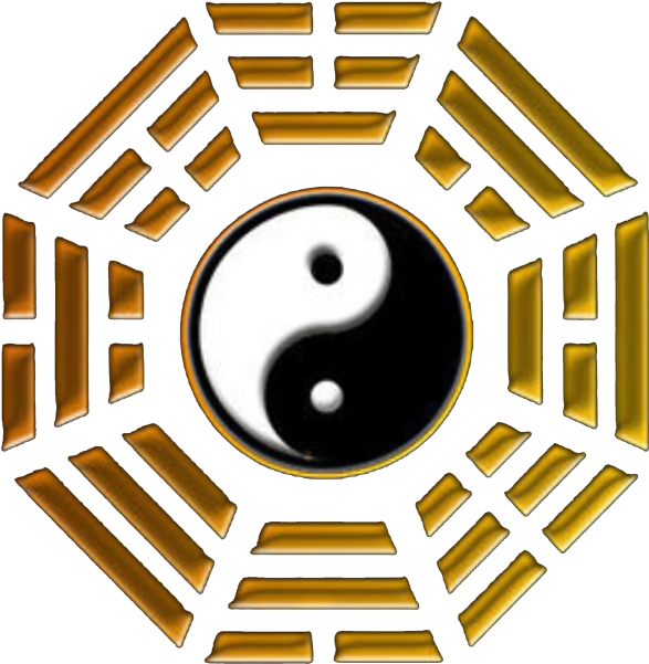 Yin-yang symbol surrounded by a ring of brass-colored objects arranged in an octagonal pattern.