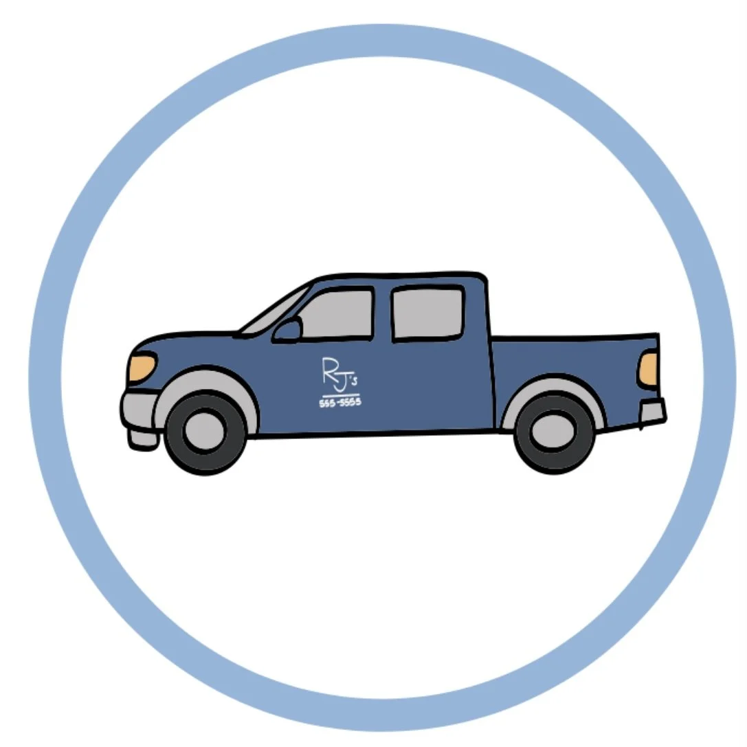 Digital illustration of a blue pickup truck with gray windows and black tires, featuring a white logo on the door that includes the text 'RJ' and a placeholder phone number.