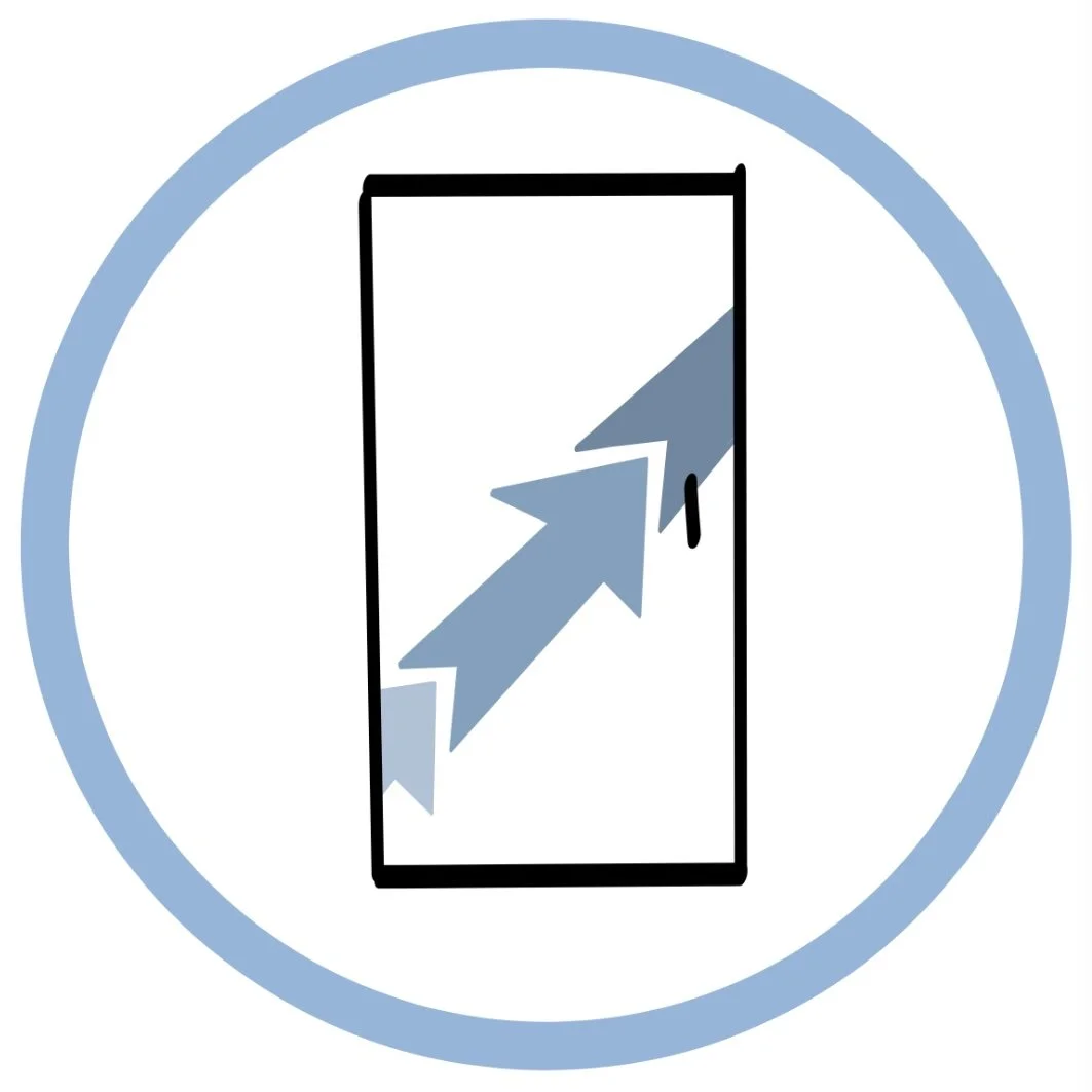 Icon of a smartphone with a blue upward arrow indicating speed or growth, encircled by a light blue ring.