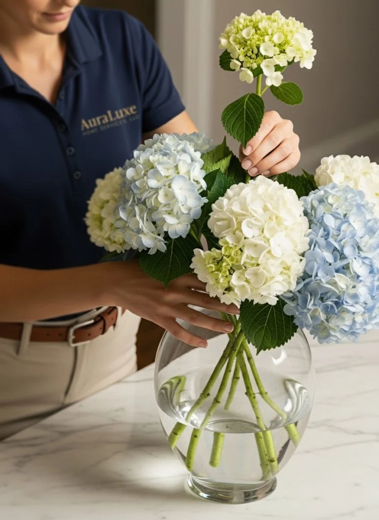 AuraLuxe Home Services professional arranging flowers