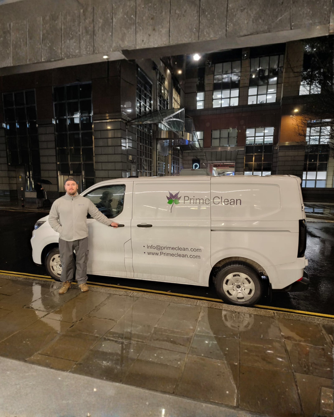 Branded company vehicle fleet used by facilities management and cleaning teams