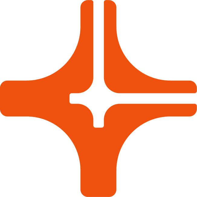 An orange and black stylized abstract logo with a symmetrical design resembling a four-pointed star or cross.