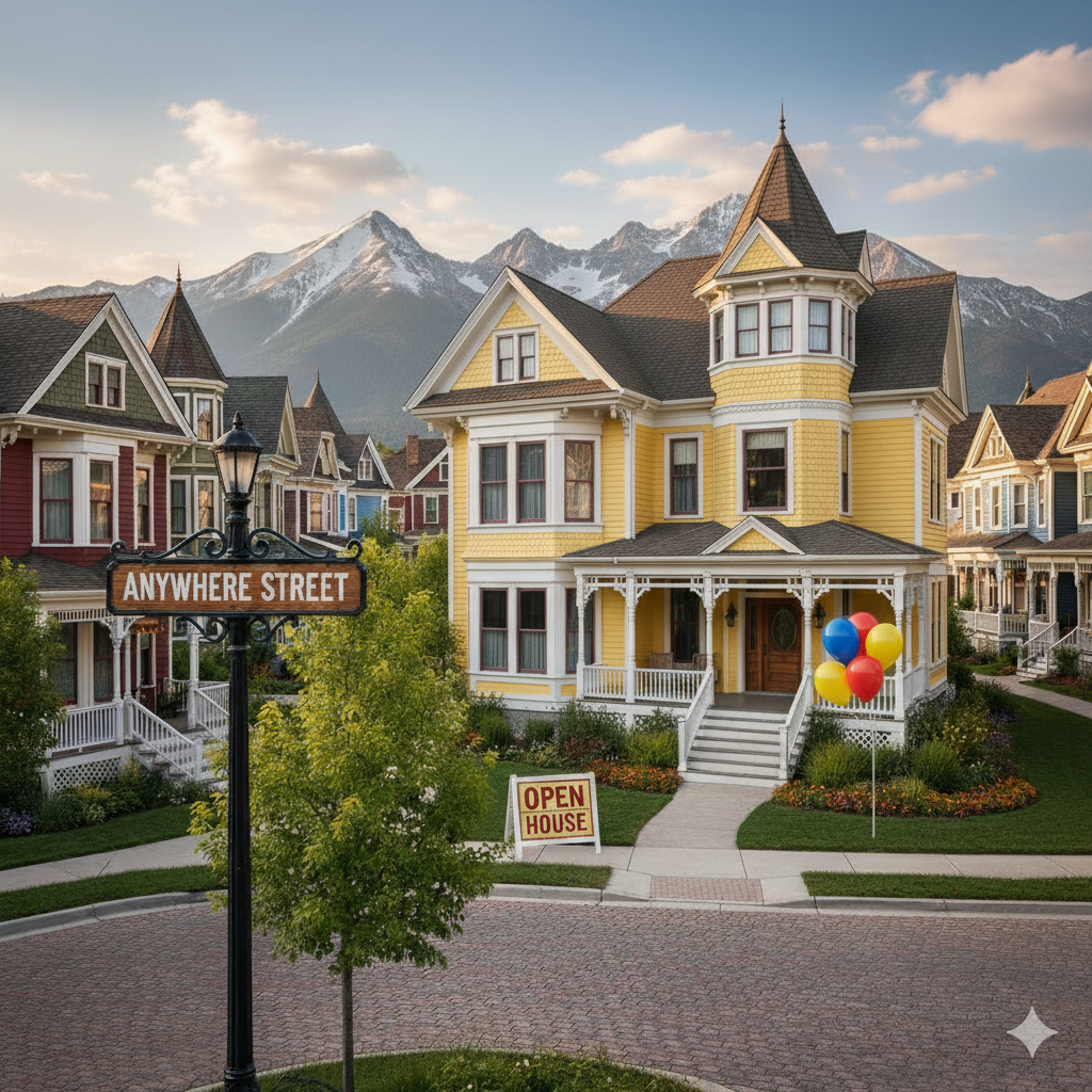 A colorful Victorian-style house with a sign that says "Open House" and balloons in the front yard, with a mountain range in the background.