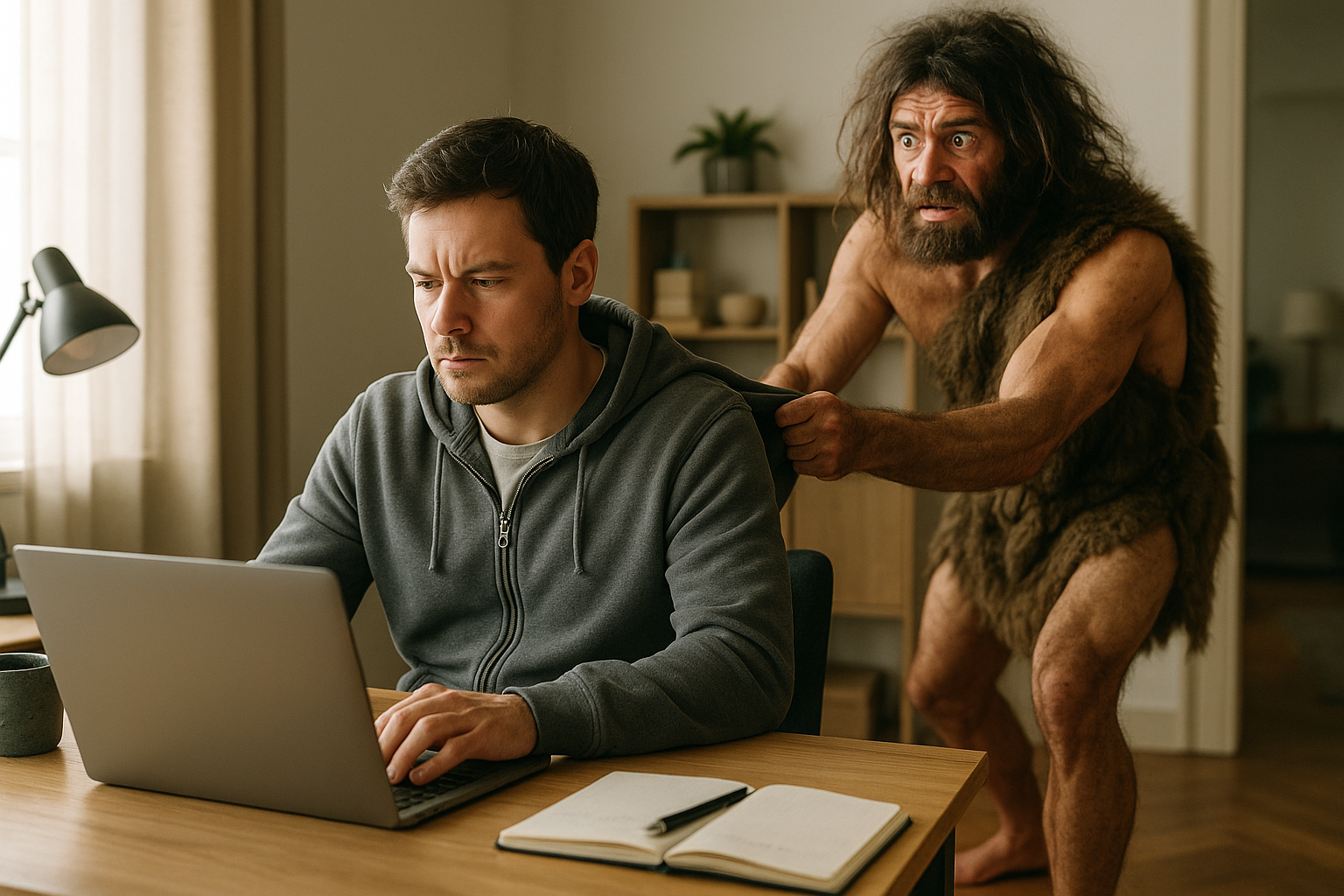 A man in a hoodie sitting at a desk using a laptop, with a caveman costume behind him pulling on his shoulder.
