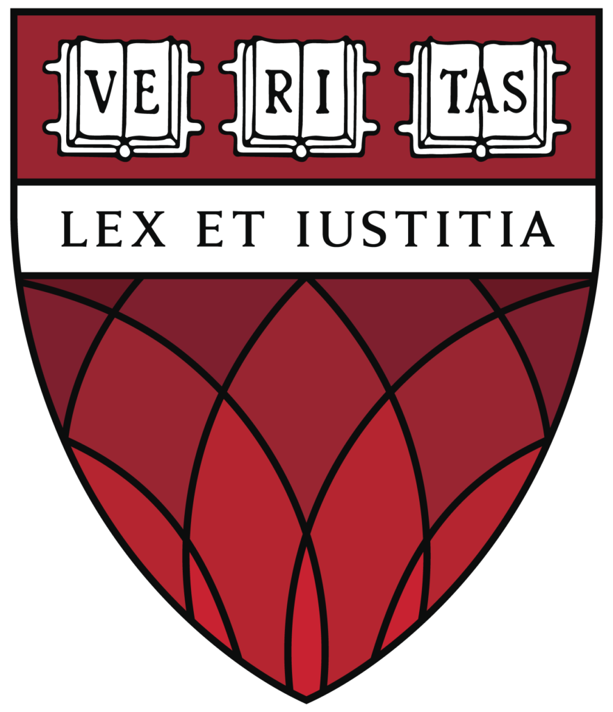 Harvard University shield featuring open books with the word 'VERITAS,' Latin phrase 'LEX ET IUSTITIA,' and a red and black geometric pattern.