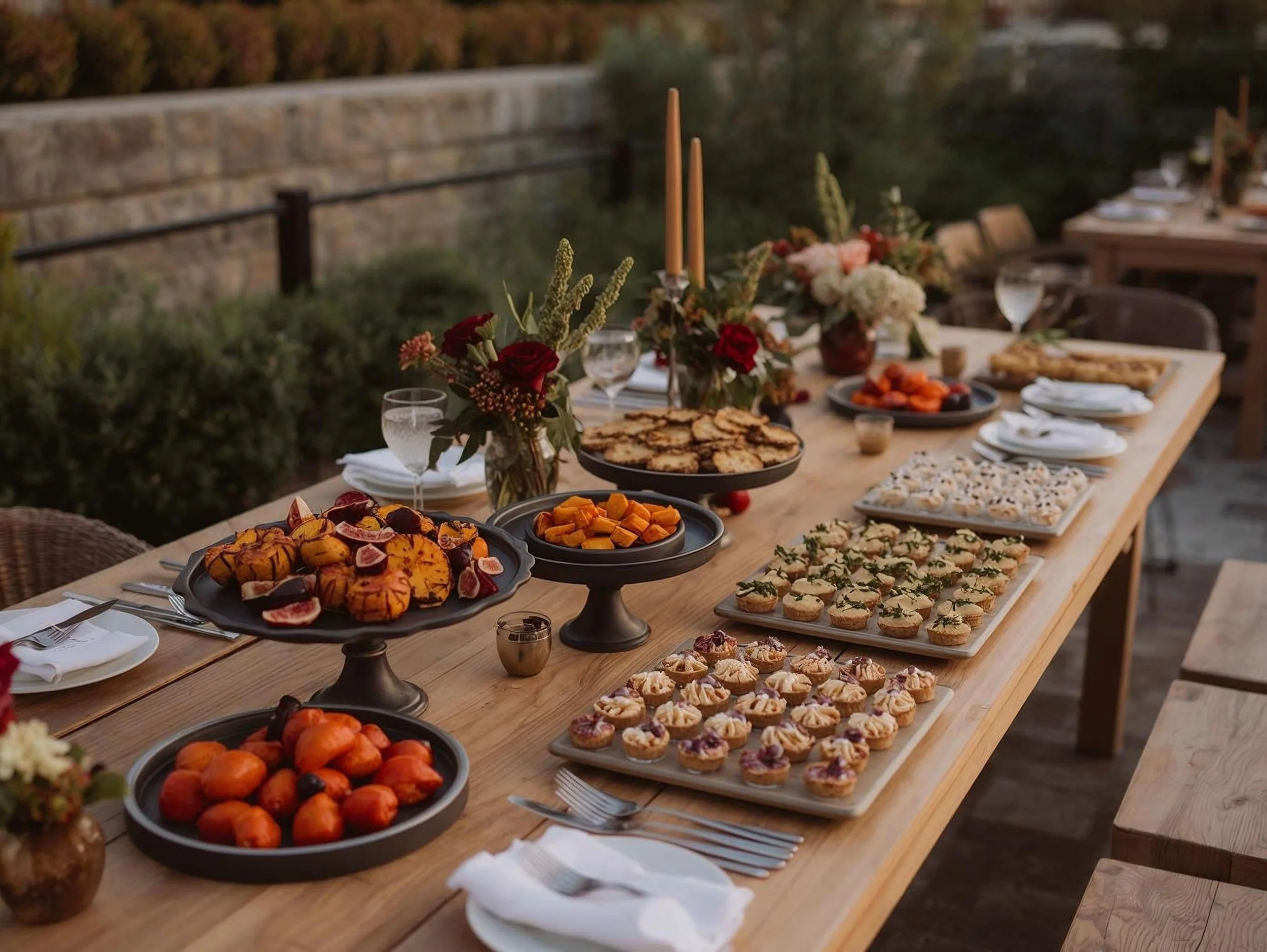 Table de fête en extérieure avec divers plats et desserts, fleurs, chandeliers, et assiettes prêtes à être servies.