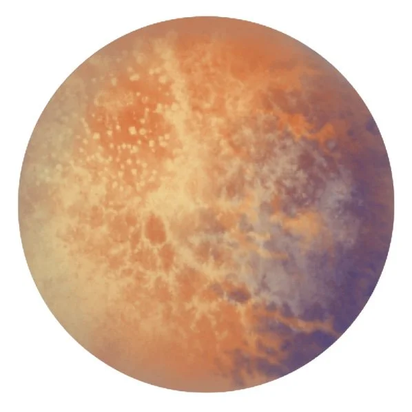 A close-up image of the moon's surface showing craters and a mix of orange, purple, and beige colors.