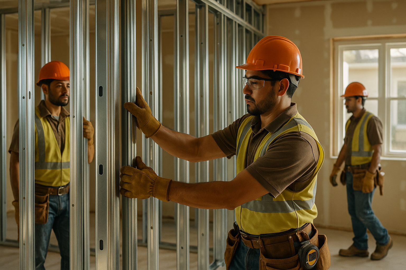 Skilled drywall and framing crew from On Point Drywall LLC working on a commercial construction project in Florida.