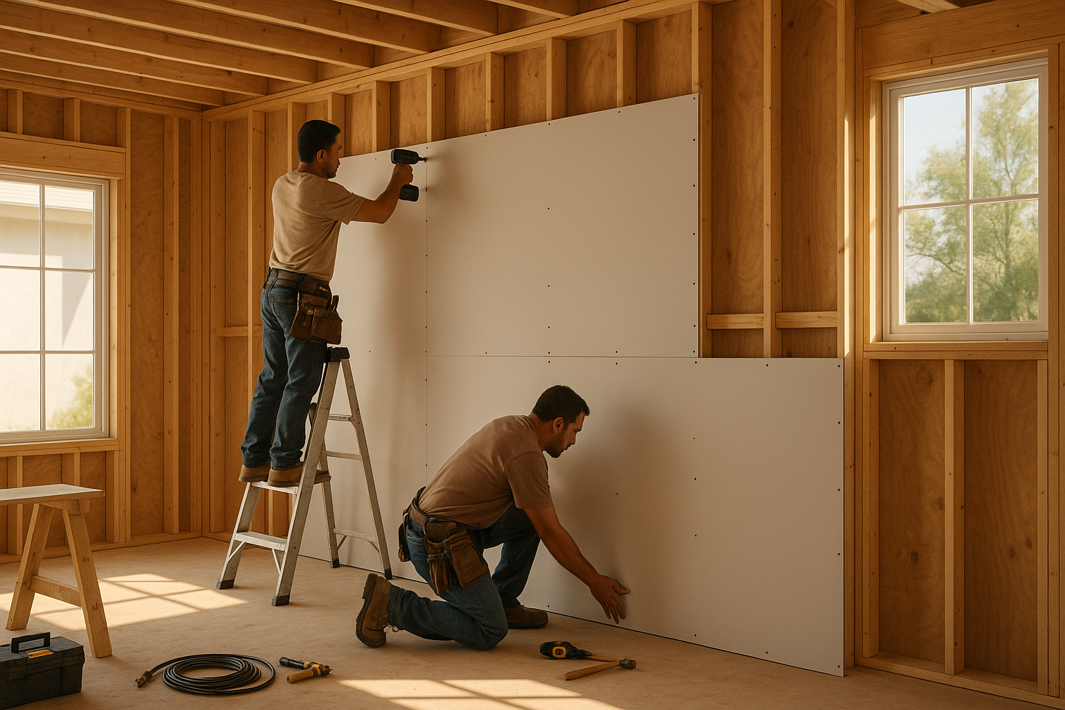 Professional drywall contractors installing drywall panels in a Florida home. On Point Drywall LLC specializes in seamless wall finishing and installation.