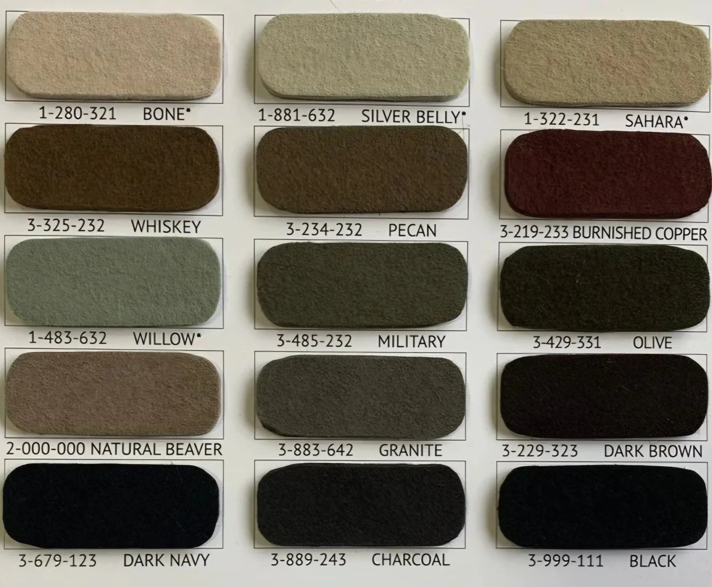 Color swatches labeled with various colors and their codes, including Bone, Silver Belly, Sahara, Whiskey, Pecan, Burnished Copper, Willow, Military, Olive, Natural Beaver, Granite, Dark Brown, Dark Navy, Charcoal, and Black. Custom Hat Swatches