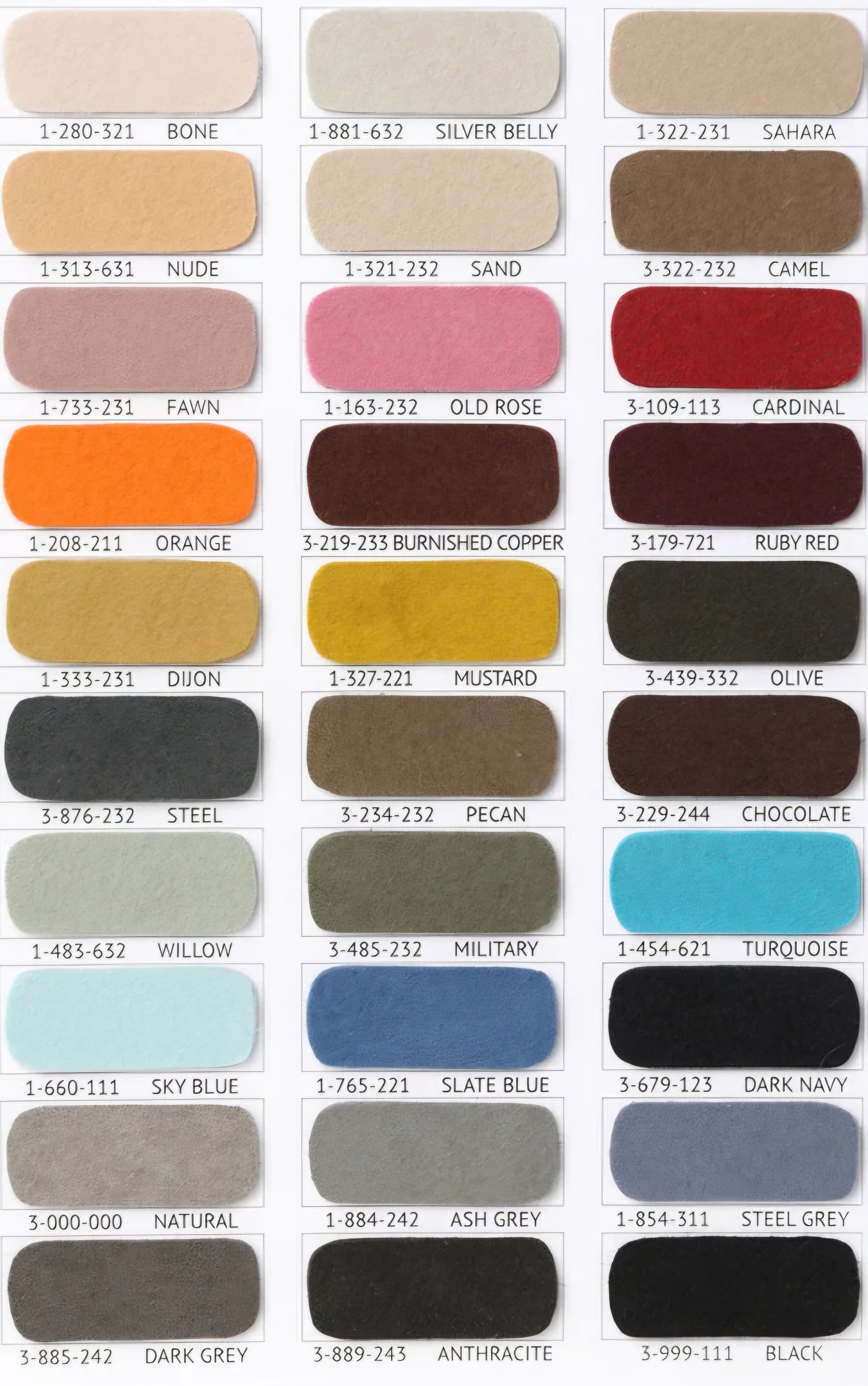 Color swatch chart with multiple paint colors labeled with names such as Bone, Silver Belly, Sahara, Nude, Sand, Camel, Fawn, Old Rose, Cardinal, Orange, Burnished Copper, Ruby Red, Dijon, Mustard, Olive, Steel, Pecan, Military, Turquoise, Sky Blue, Slate Blue, Dark Navy, Natural, Ash Grey, Steel Grey, Dark Grey, Anthracite, Black.