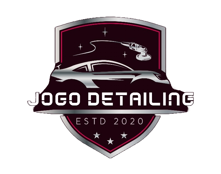 A logo for Jogo Detailing featuring a stylized car, a shield, and a paintbrush with stars and the text "ESTD 2020."