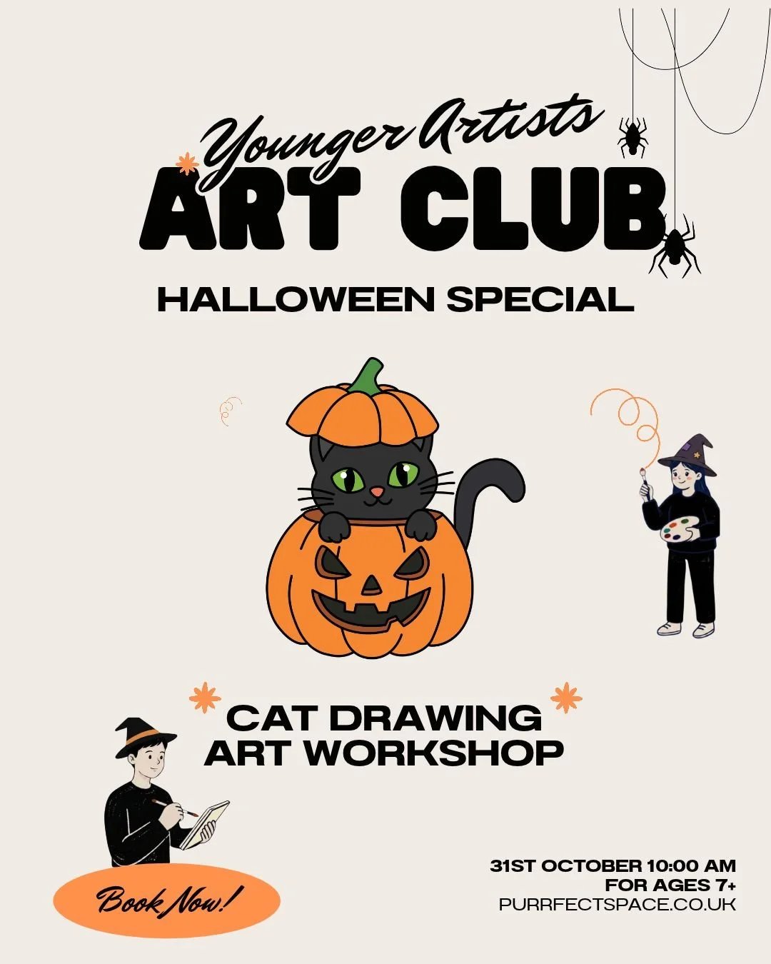 Join our Halloween Star Kitties workshop in Brighton! Enjoy spooky cat drawings, creative activities, Halloween costumes and time with rescue cats. Ages 6+.