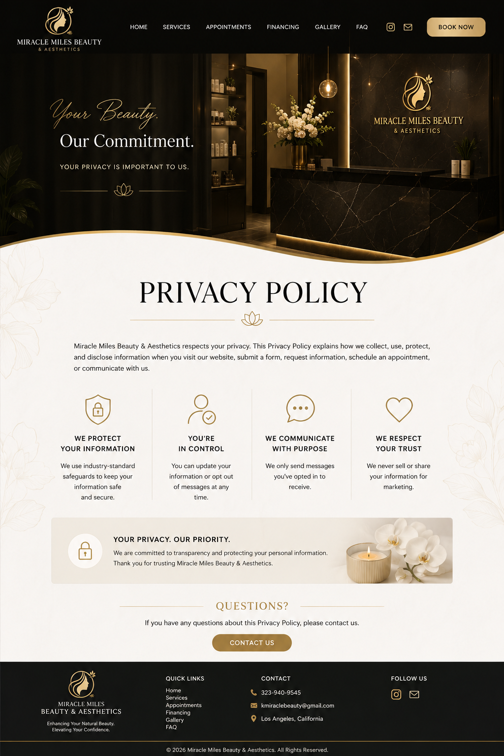 Website page for Miracle Miles Beauty & Aesthetics featuring the company logo, navigation menu, header image of the salon reception desk with black marble counter, flowers, and pendant light, promotional text about privacy policy, and service icons with descriptions.