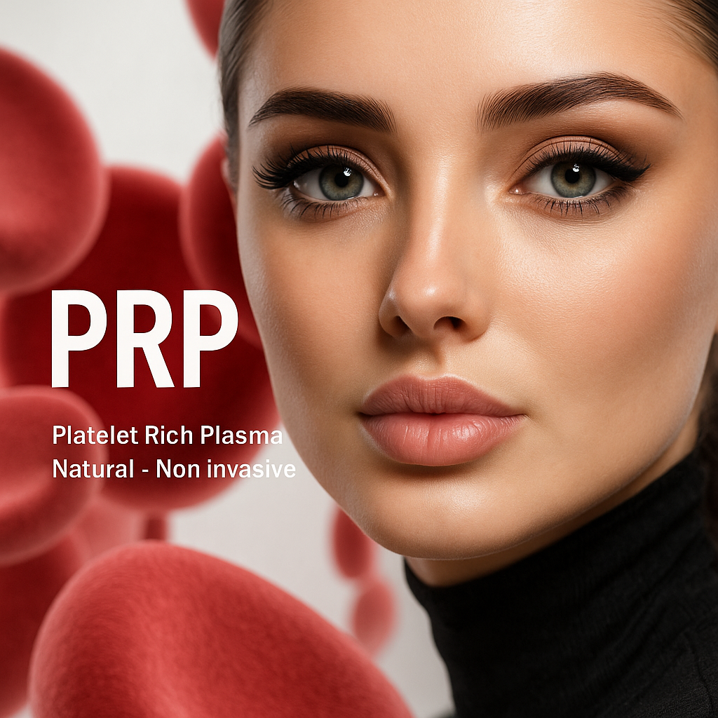 Close-up of a woman's face with makeup, alongside red blood cells, promoting PRP therapy for natural, non-invasive platelet-rich plasma treatment.