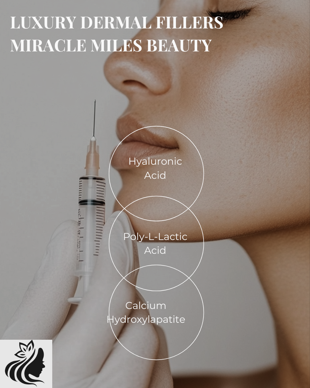 Close-up of a woman receiving a dermal filler injection, with text indicating ingredients: hyaluronic acid, poly-L-lactic acid, and calcium hydroxylapatite.