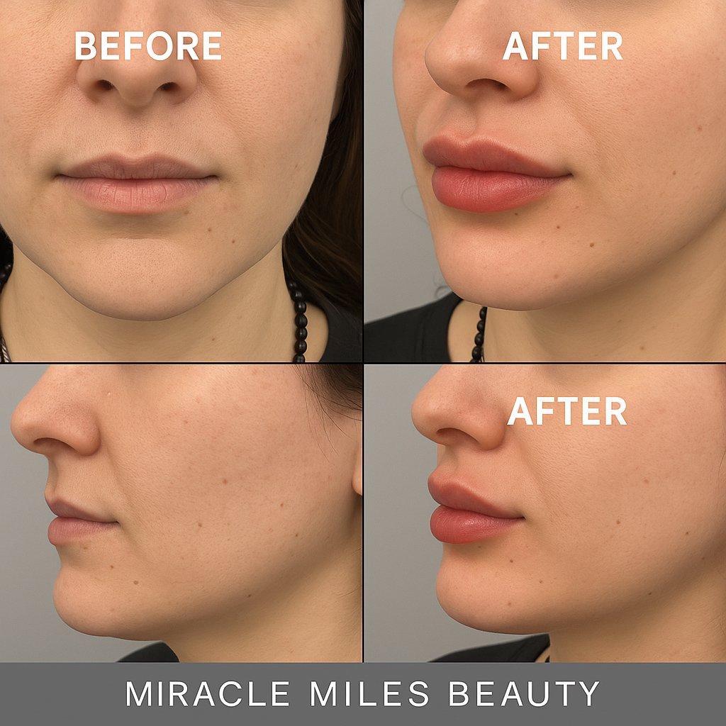 Comparison of a woman's face before and after cosmetic lip enhancement, showing fuller lips in the after images.