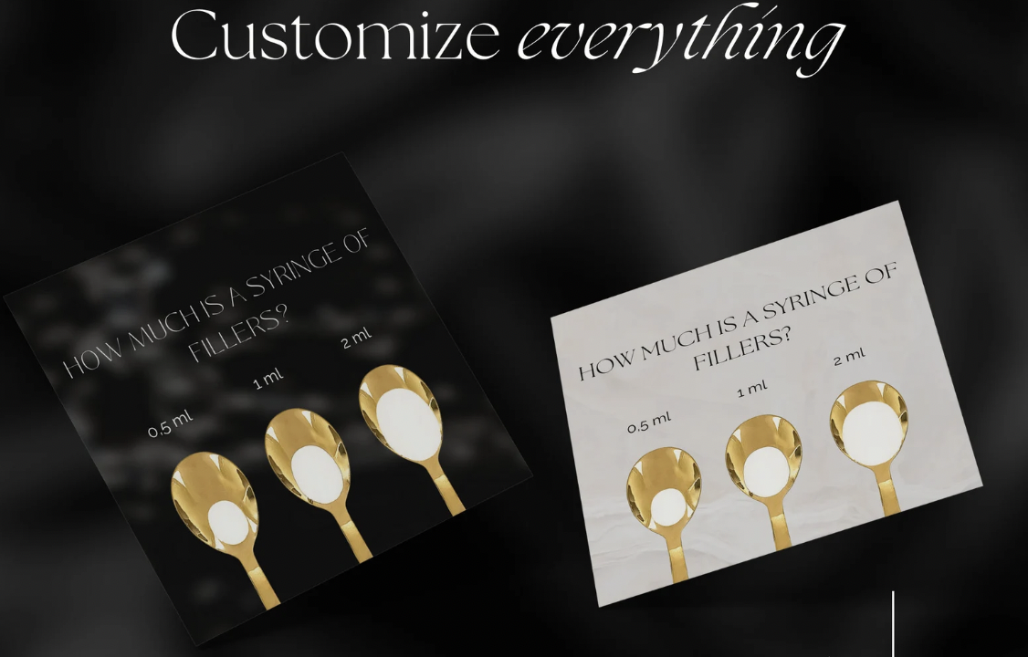 Advertisement showing three golden syringes with different volumes labeled 0.5 ml, 1 ml, and 2 ml, asking "How much is a syringe of fillers?" and with the text "Customize everything" at the top.