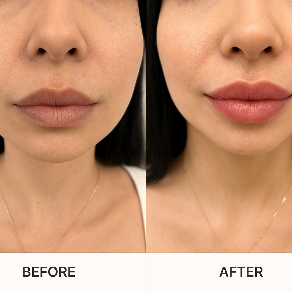 Close-up of a woman's face showing a before and after comparison of her lips and skin, with improved fullness and smoothness in the after image.