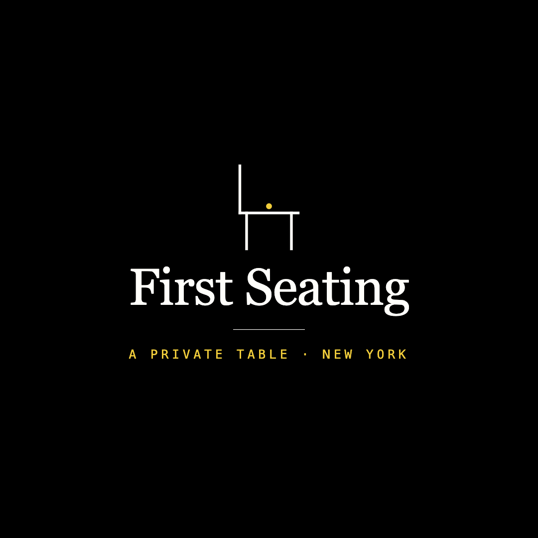 Logo for First Seating, a private table restaurant in New York, featuring a minimalist design with a stylized chair and a small yellow dot on a black background.