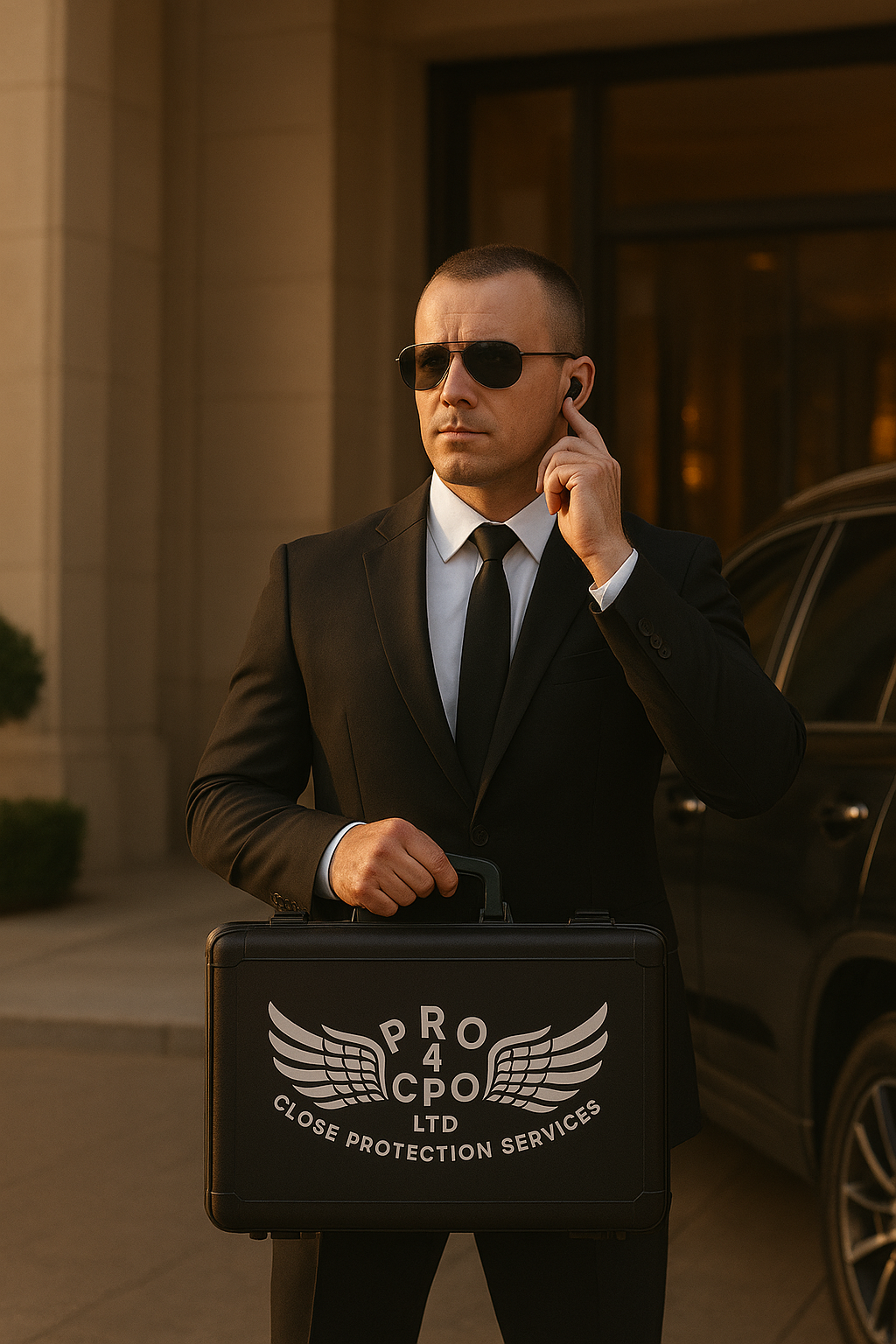 A man dressed in a black suit, white shirt, black tie, and sunglasses, holding a briefcase that reads 'Pro 4 Cpo Ltd Close Protection Services,' standing outdoors near a building and a black car.
