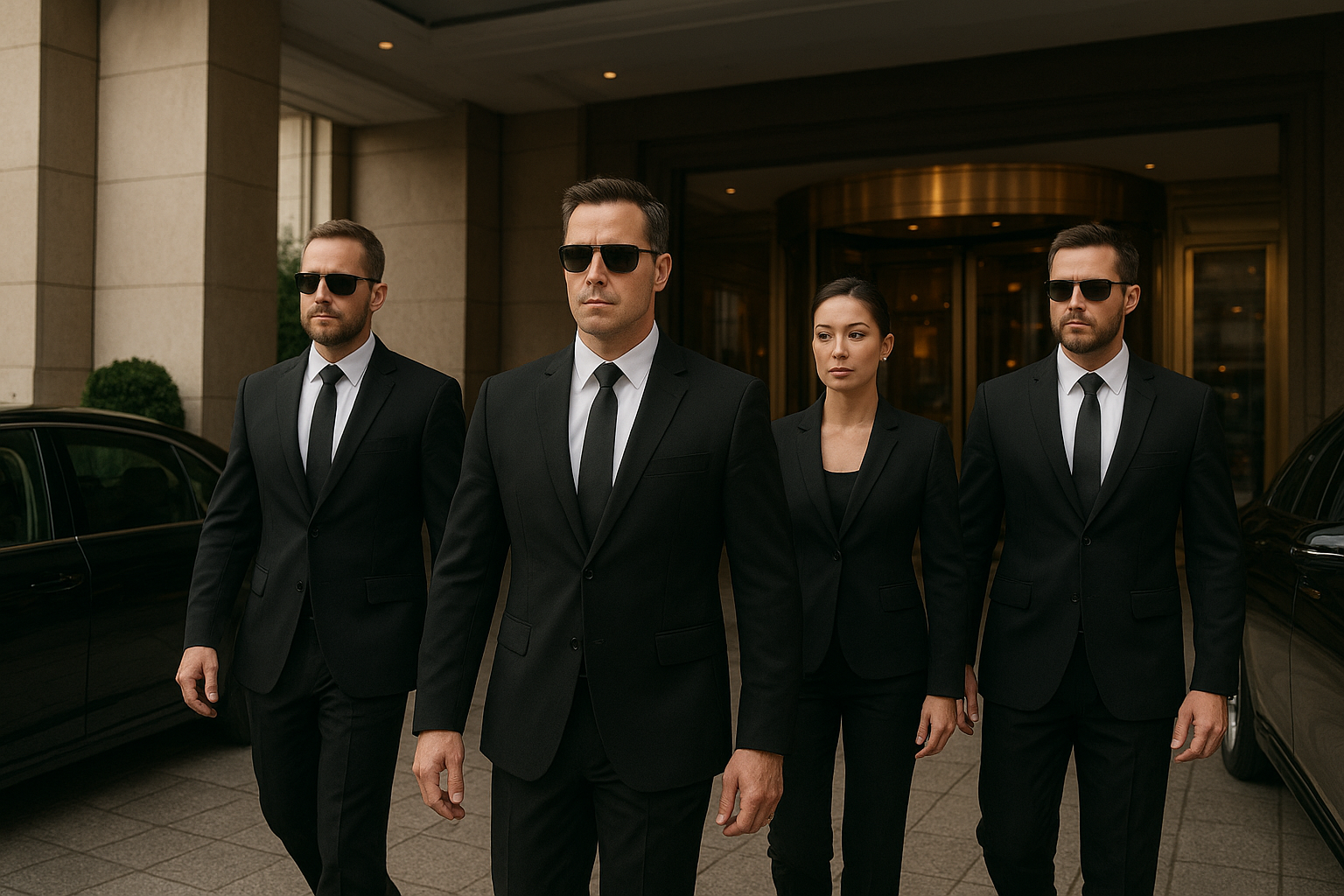 Four individuals in black suits, white shirts, black ties, wearing sunglasses, walking confidently in front of a building with luxury cars flanking them.