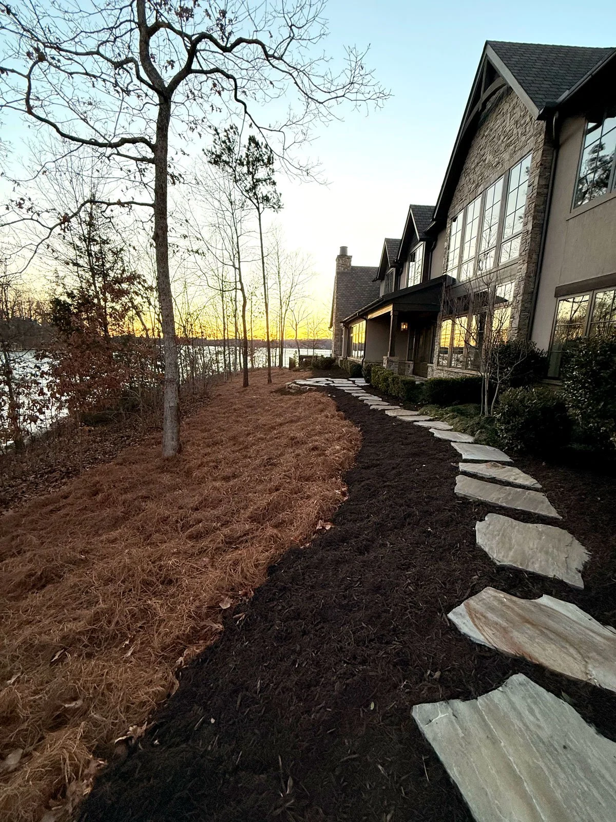 residential landscape with pinestraw