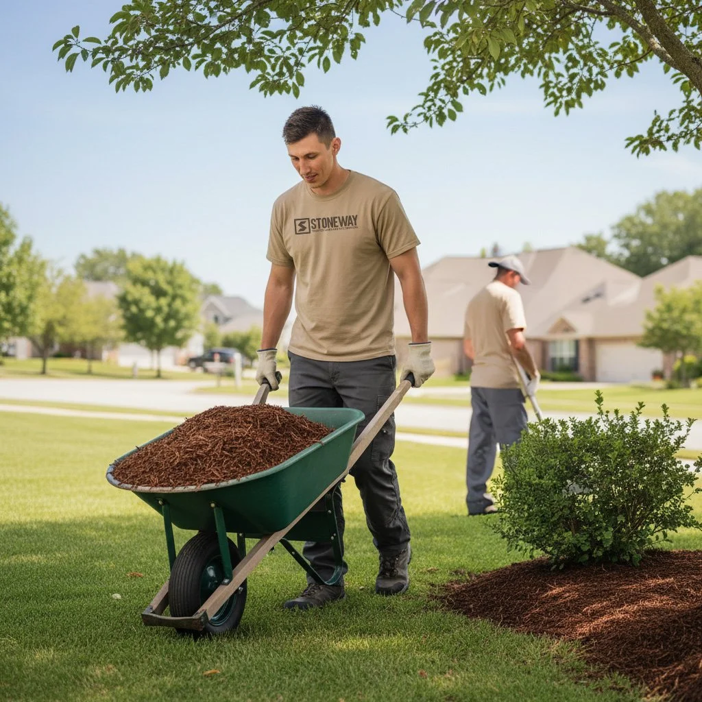 Two men are planting or shaping a shrub in a residential yard with green grass, trees, and houses in the background. One man is pushing a wheelbarrow filled with mulch, while the other is spreading mulch near the shrub.