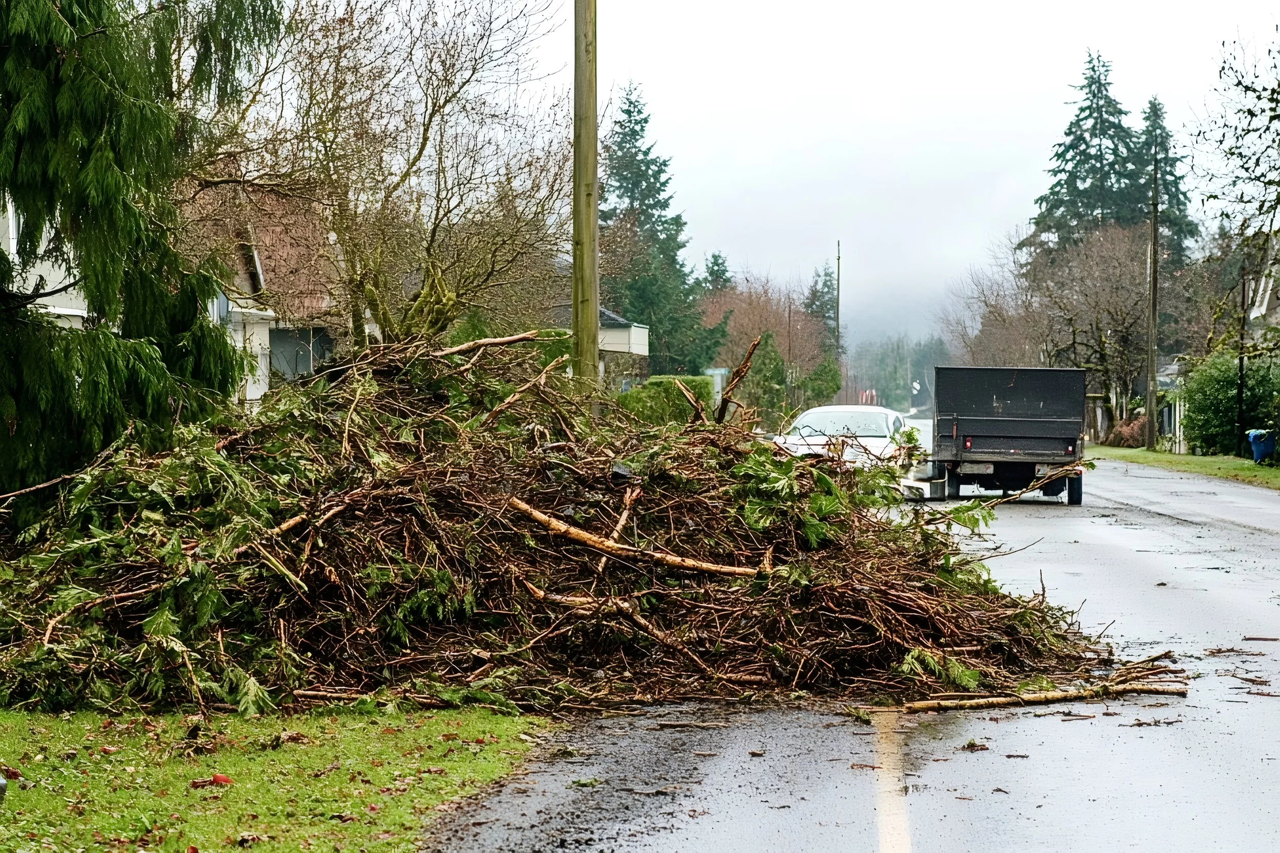 debris from a storm scattered onto the side of the road