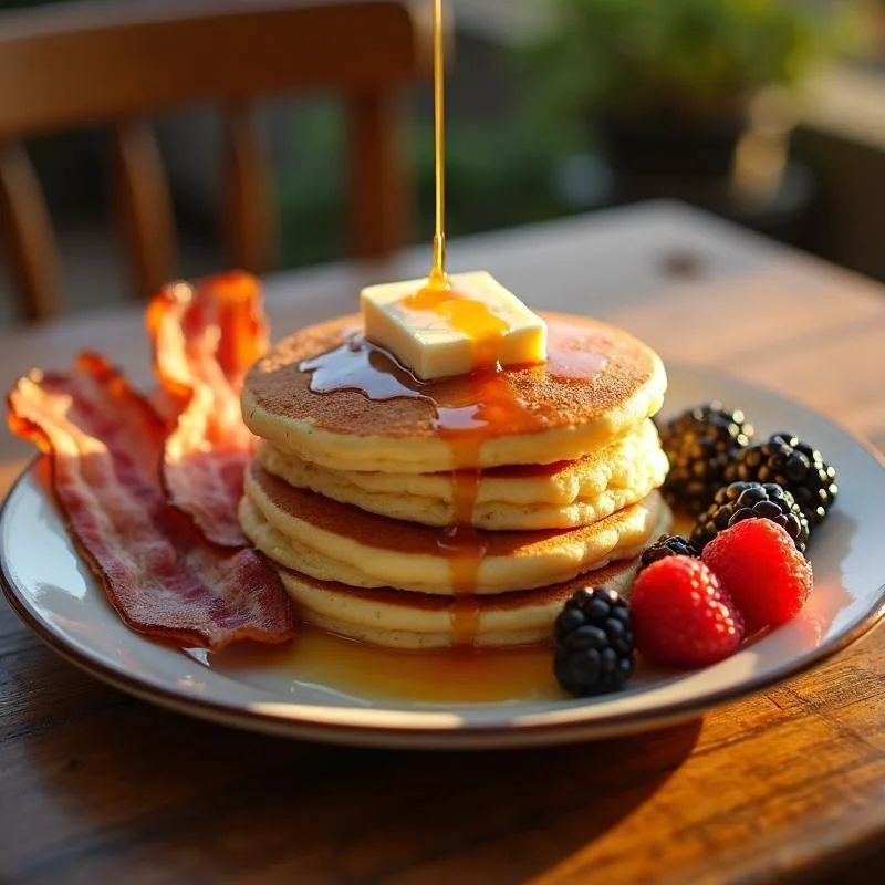 Stack of four pancakes topped with butter and syrup, served with bacon and mixed berries on a white plate.