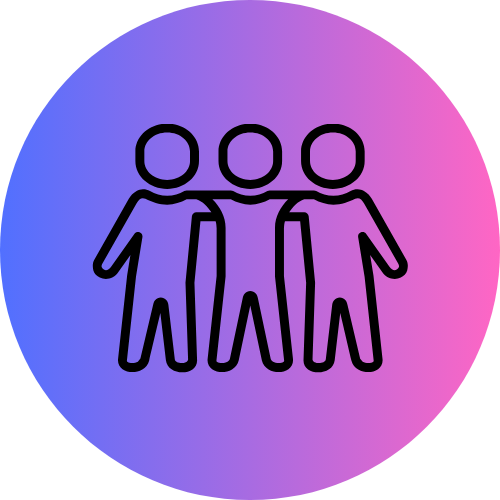 Icône représentant trois personnes unies par le bras, sur un fond dégradé de couleurs violet et rose.