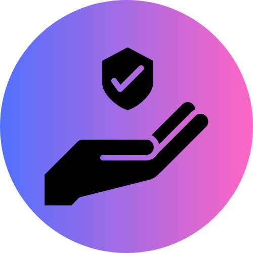 Icône d'une main avec un bouclier et une coche, symbolisant la sécurité ou la protection.