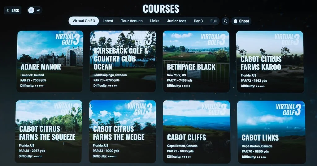 Screenshot of a golf course selection menu with eight course options, each with location, par, yardage, and difficulty details.