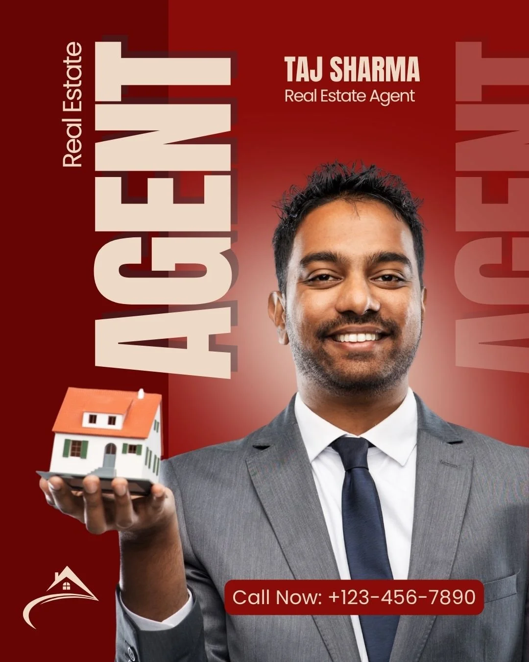 A professional man in a suit and tie smiling, holding a model house in his hand. The background is red, with large white text that says 'REAL ESTATE' and smaller text 'Taj Sharma Real Estate Agent'. Contact number +123-456-7890 is displayed at the bottom.