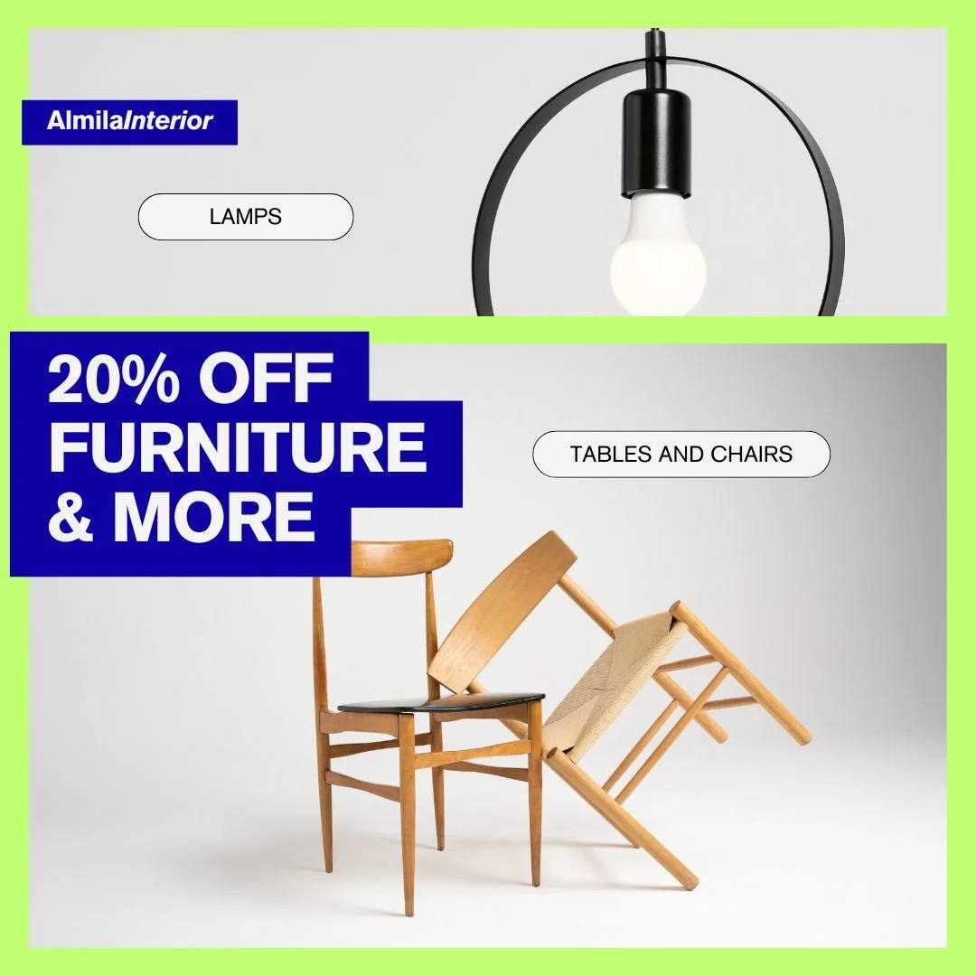 Promotional flyer showcasing furniture sale with 20% off on tables and chairs, featuring a modern chair, a tilted wooden table, and a hanging lamp.