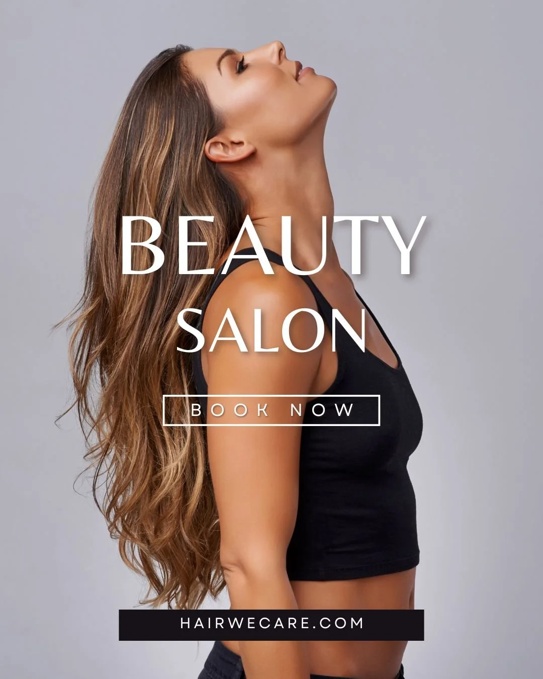 Advertisement for a beauty salon featuring a woman with long wavy hair wearing a black sleeveless top, with the text 'Beauty Salon' and a button to 'Book Now'.