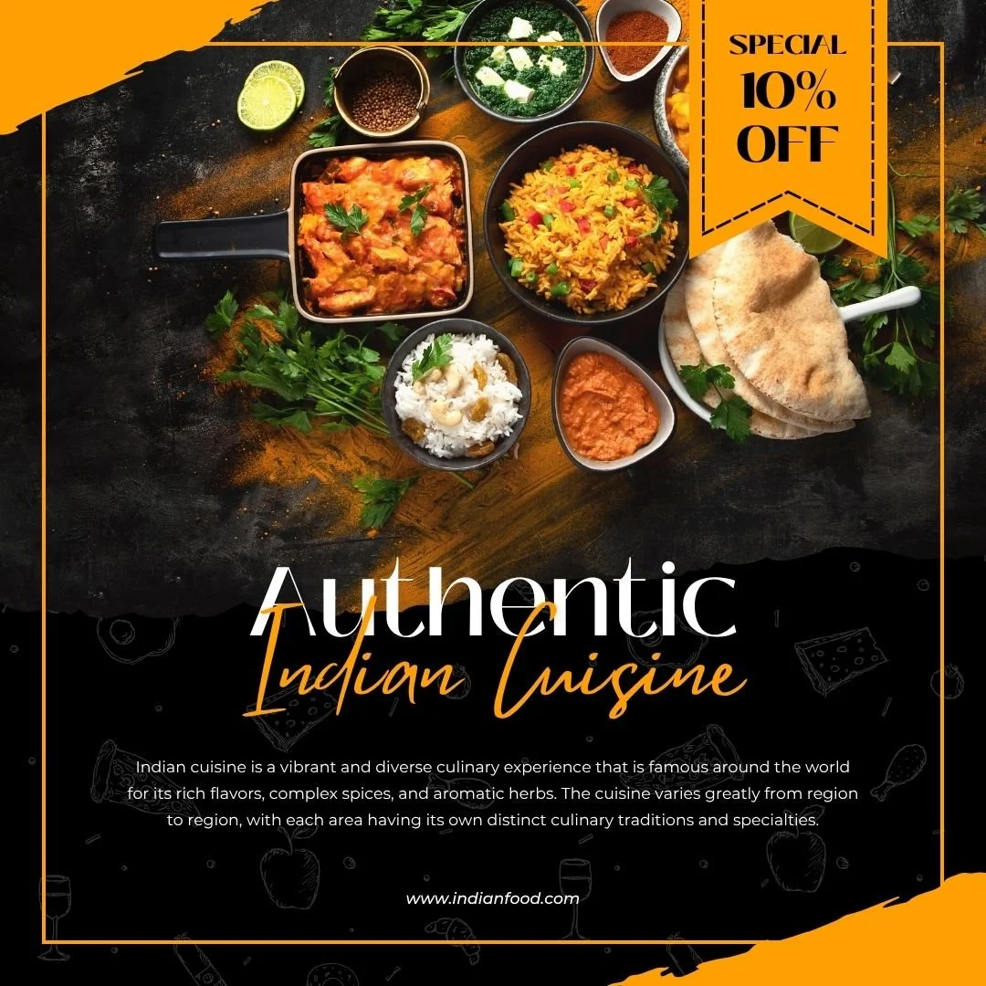 A variety of Indian dishes including rice, curry, naan bread, and spices on a dark surface with herbs and citrus garnishes, advertising a 10% discount on Indian cuisine.